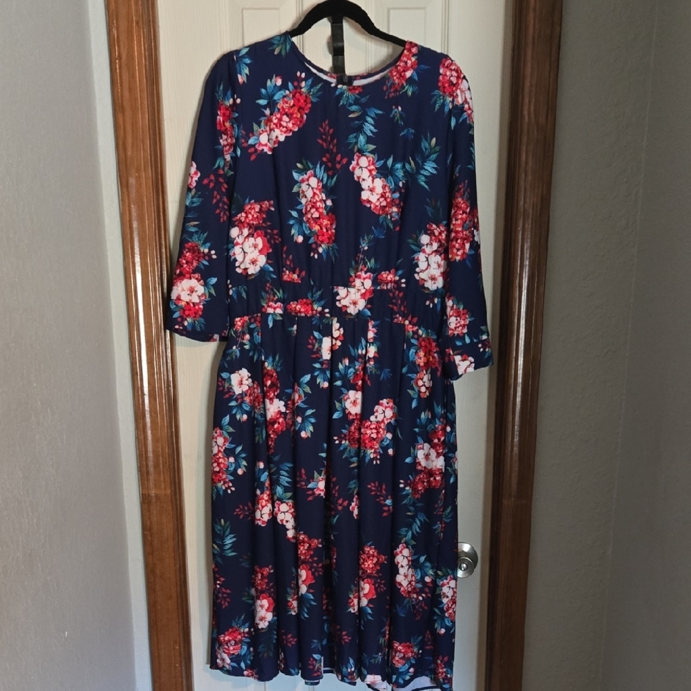 Navy Floral Midi Dress with Pink & Red Blooms